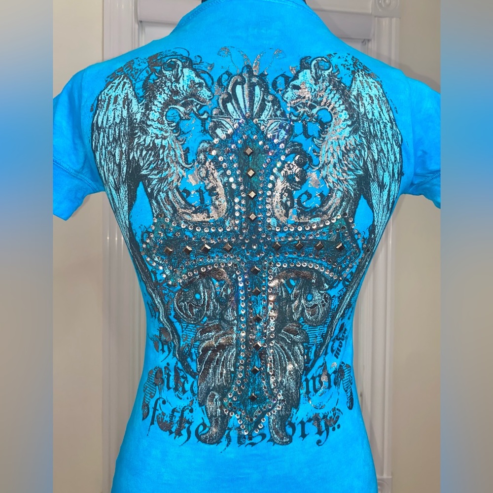 Swarovski Crystal Embellished Cross T Shirt For Women, Blue Short Sleeve Shirt